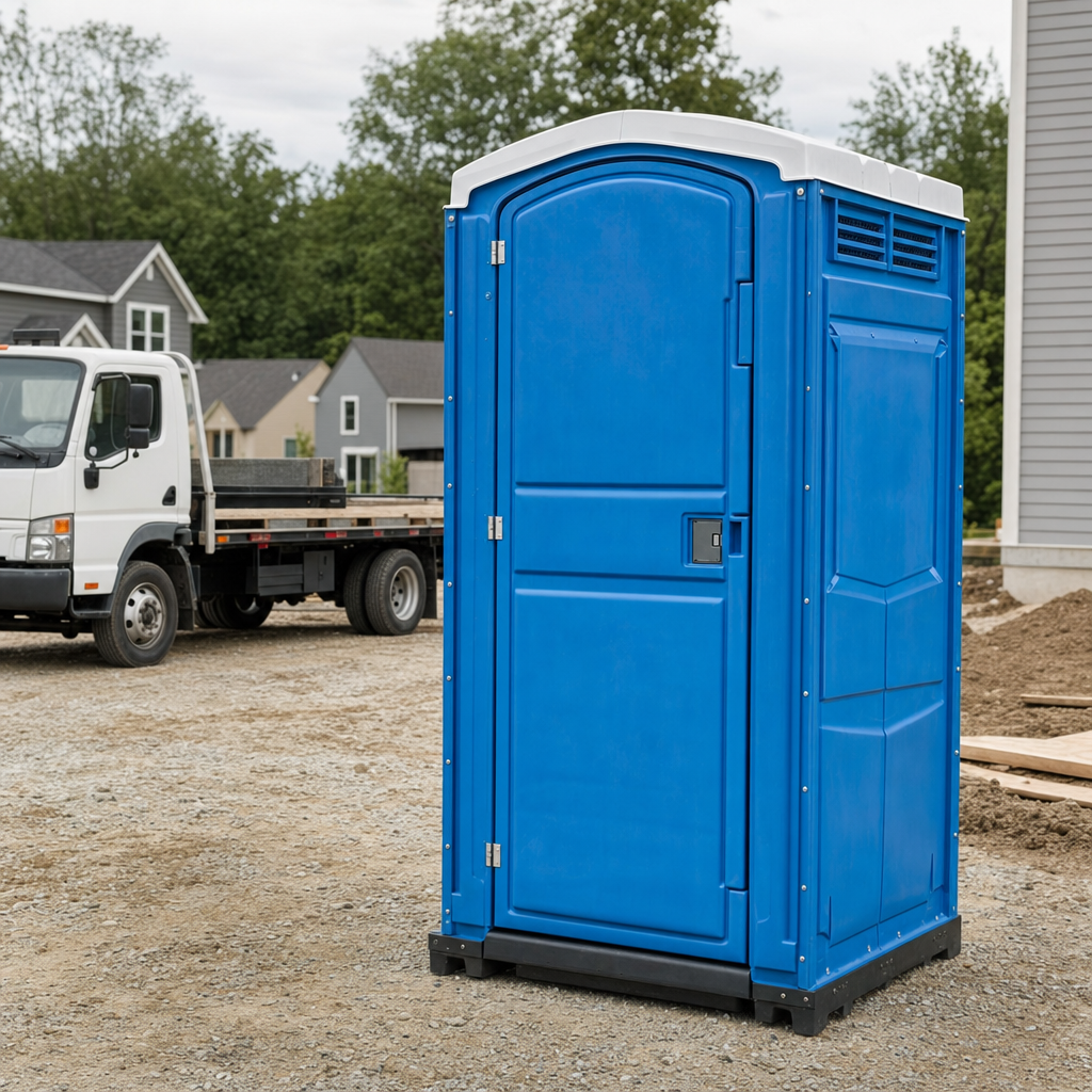 Delivery driver positioning a clean royal-blue portable toilet on level ground at a Rochester worksite